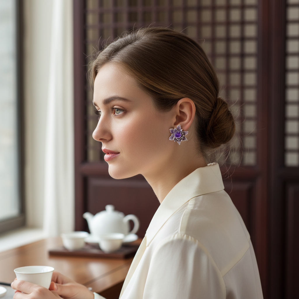 Crystal Lotus Stud Earrings, Niche High-End Design, Delicate Small Earrings for Women